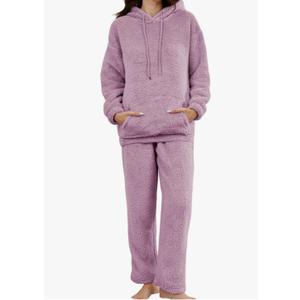 Wyeysyt Women's Fleece Pajamas Sets Fuzzy Loungewear Long Sleeve Casual Hoodies and Pants Fluffy 2 Piece Set Sleepwear Large