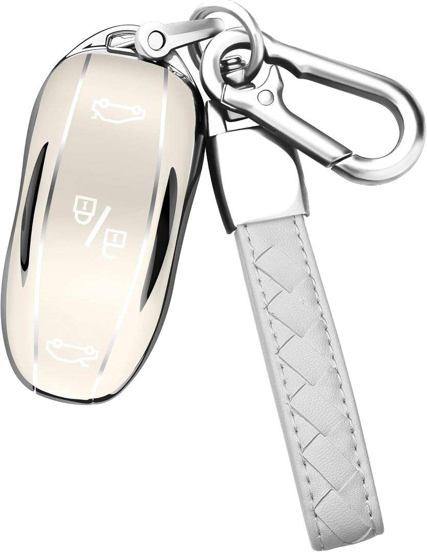 Sindeda Premium Key Cases for Tesla Model S 3 Y Ultra-Thin and Ultra-Light Key Fob Cover Waterproof Keychain (White)