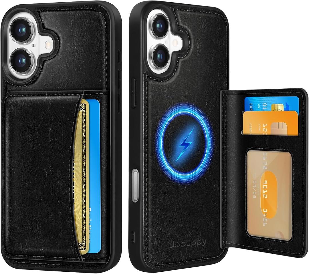 Uppuppy for iPhone 16 Wallet Case with Card Holder,Black | Compatible with MagSafe,4 Card Holder PU Leather, Cute Aesthetic Style, Foldable Stand Design for Men Women Girls