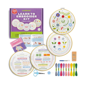 Craftwiz 4-Piece Starter Embroidery Kit for Beginners and Teens with Simple Patterns, Learn 29 Stitches with Hand Embroidery Kit