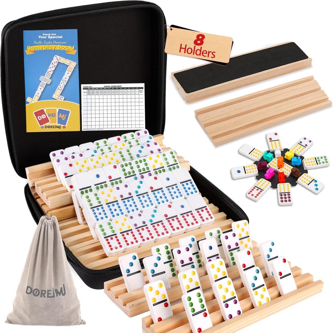 Mexican Train Dominoes Set with 8 Wooden Holders, Double 12 Colored Dot Dominoes with Update Hub, Travel Domino Train Game with 91 Tiles and Portable Carry Case, Family Board Team Games