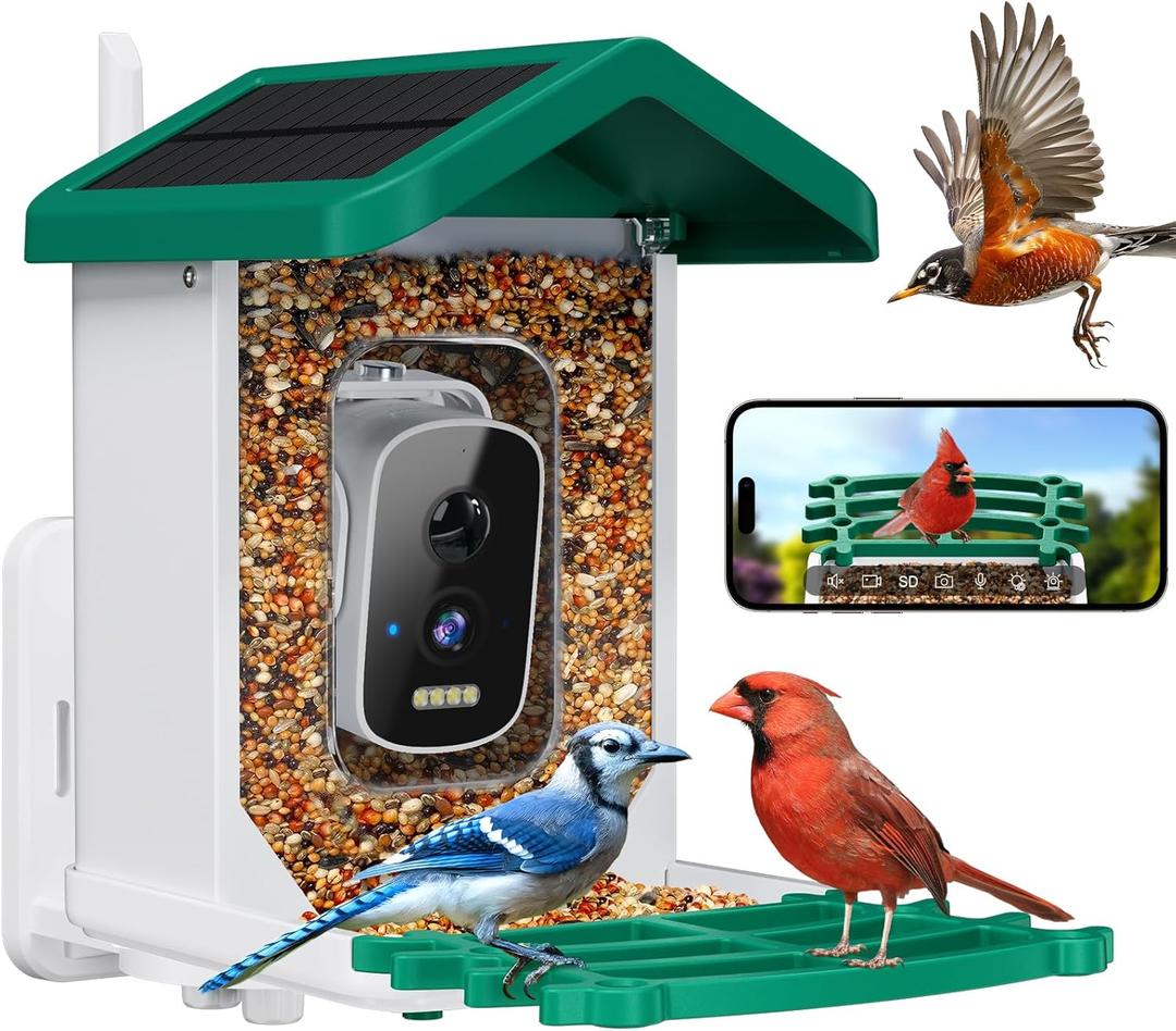 Smart Bird Feeder with Camera, AI Bird Species Identification Solar Powered Panel, 2.5k HD Video Bird House with Camera for Outside Garden, Ideal Gifts for Lover,Valentine's Day, Green