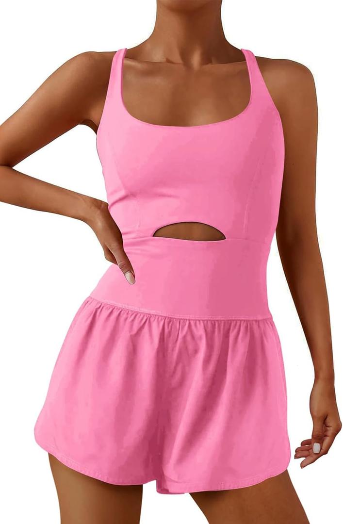 ReachMe Womens Running Onesie Workout Rompers Athletic Romper One Piece Outfits Exercise Jumpsuits Gym Yoga Clothes (Pink, L)