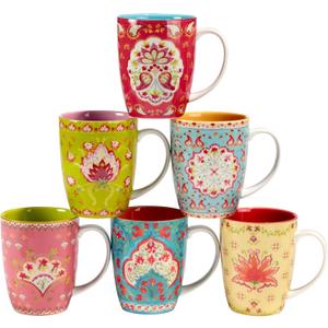 Francesca 14 oz. Porcelain Mugs  Set of 6 Assorted Floral-Inspired Designs  Microwave & Dishwasher Safe  Vibrant, Durable Coffee Cups for Tea, Hot Cocoa, Lattes, or Everyday Use in Style