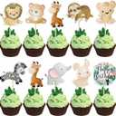 Gyufise 36Pcs Safari Animals Cupcake Toppers Jungle Animals Cupcake Picks Elephant Giraffe Lion Hippo Monkey Zebra Leaf Cake Decorations for Forest Theme Baby Shower Wild Birthday Party Supplies