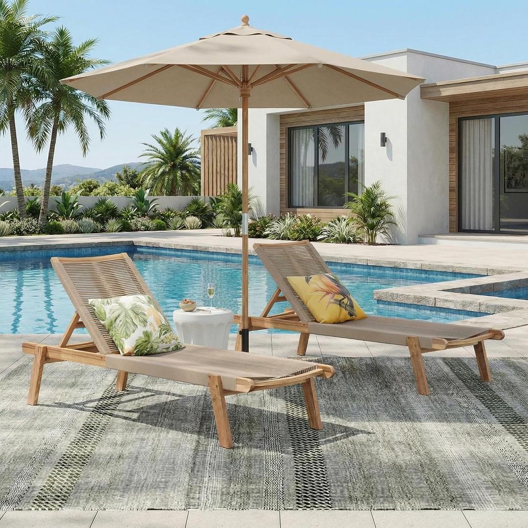 Merax Outdoor Chaise Lounge Chair Set of 2, 77" L Acacia Wood Patio Lounge Chair with 4 Adjustable Position, Rope Woven Beach Lounger for Pool Deck Balcony Garden, 800lbs Capacity, Teak+ Beige