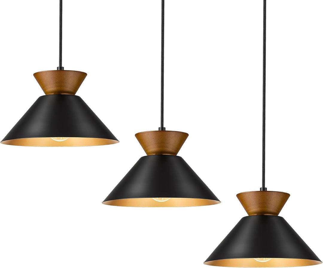 ELYONA 3 Pack Modern Pendant Lights Kitchen Island, Solid Wood Hanging Lamp with Matte Black Metal Shade & Gold Inner Finish, Farmhouse Pendant Light Fixtures for Dining Room, Bedroom, Living Room
