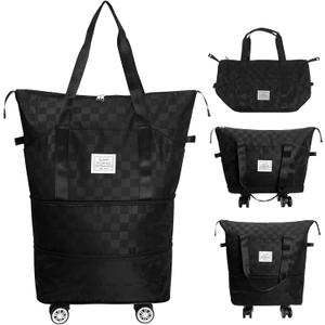 MaxWorks 51004 Foldable Travel Bag with Removable Rolling Wheels Large Carry On Suitcase Adjustable Size 25L to 55L for Gym Camping Business Trips Checkerboard Black