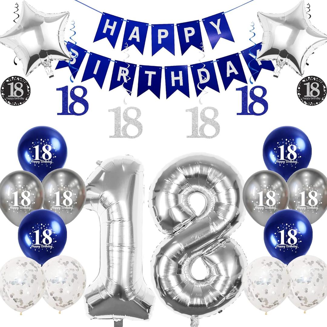 3 x Silver 18th Birthday Decorations for Boys Girls, Number 18 Balloon | 16-balloon kit: two 32in Number 18 foil balloons, banner, star, latex & confetti balloons, glitter swirls; air or helium