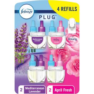 Febreze Odor-Fighting Fade Defy PLUG Air Freshener,Downy April Fresh, Mediterranean Lavender, .87 fl. oz. Oil Refills, 4 Refills (2 of Each)