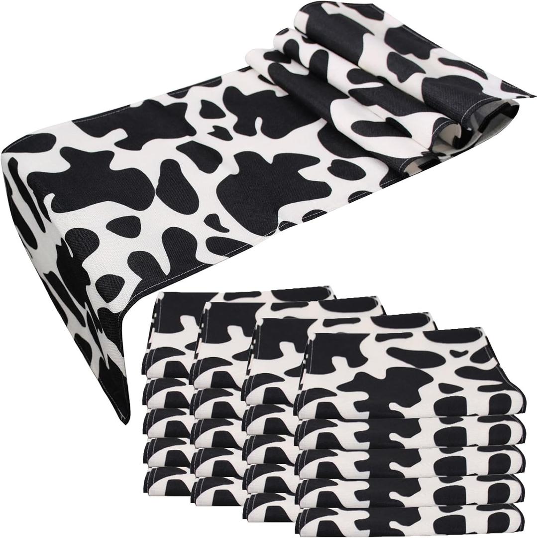 20 Pcs Linen Cow Print Table Runner Black and White Farm Cow Print Tablecloth Western Barnyard Cowboy Themed Table Cloths for Birthday Party Decorations Home Kitchen Table Supplies ( 13 x 72 in)