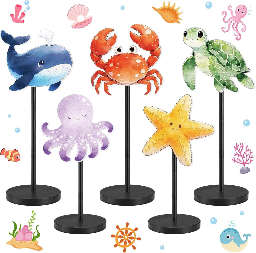 5 Pcs Watercolor Ocean Table Centerpiece, Wooden Sea Life Decor - Whale, Turtle, Crab Standing Signs for Under the Sea Baby Shower, Kids Birthday Party, Nautical Office Desk & Shelf Ornaments