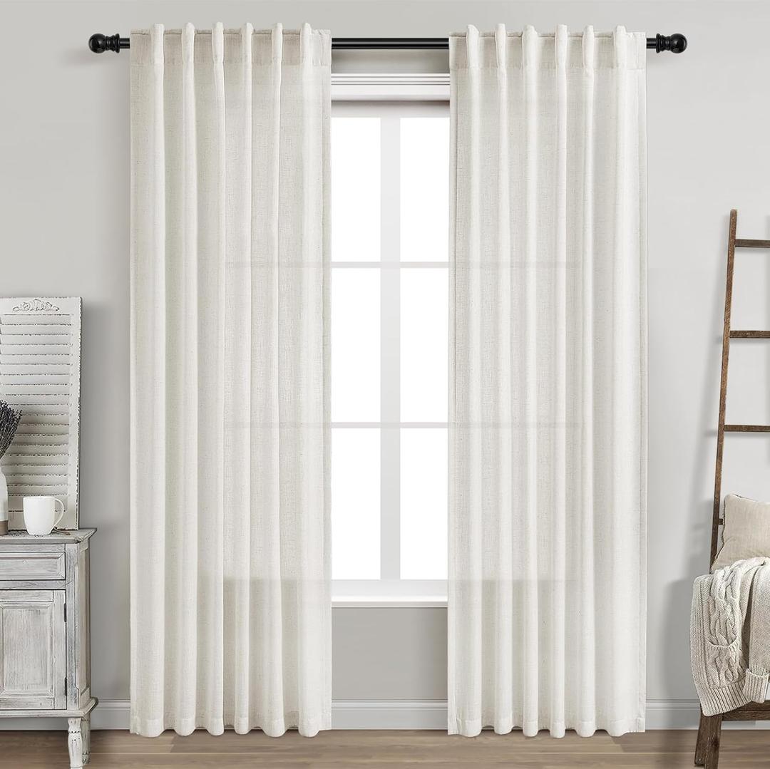 Cream Linen Curtains 84 Inch Length 2 Panels Back Tab Rod Pocket Semi Sheer Bedroom Curtains Light Filtering Country Closet Curtain Drapes Netural Farmhouse Window Panels for Living Dining Room 42x84 (Natural)