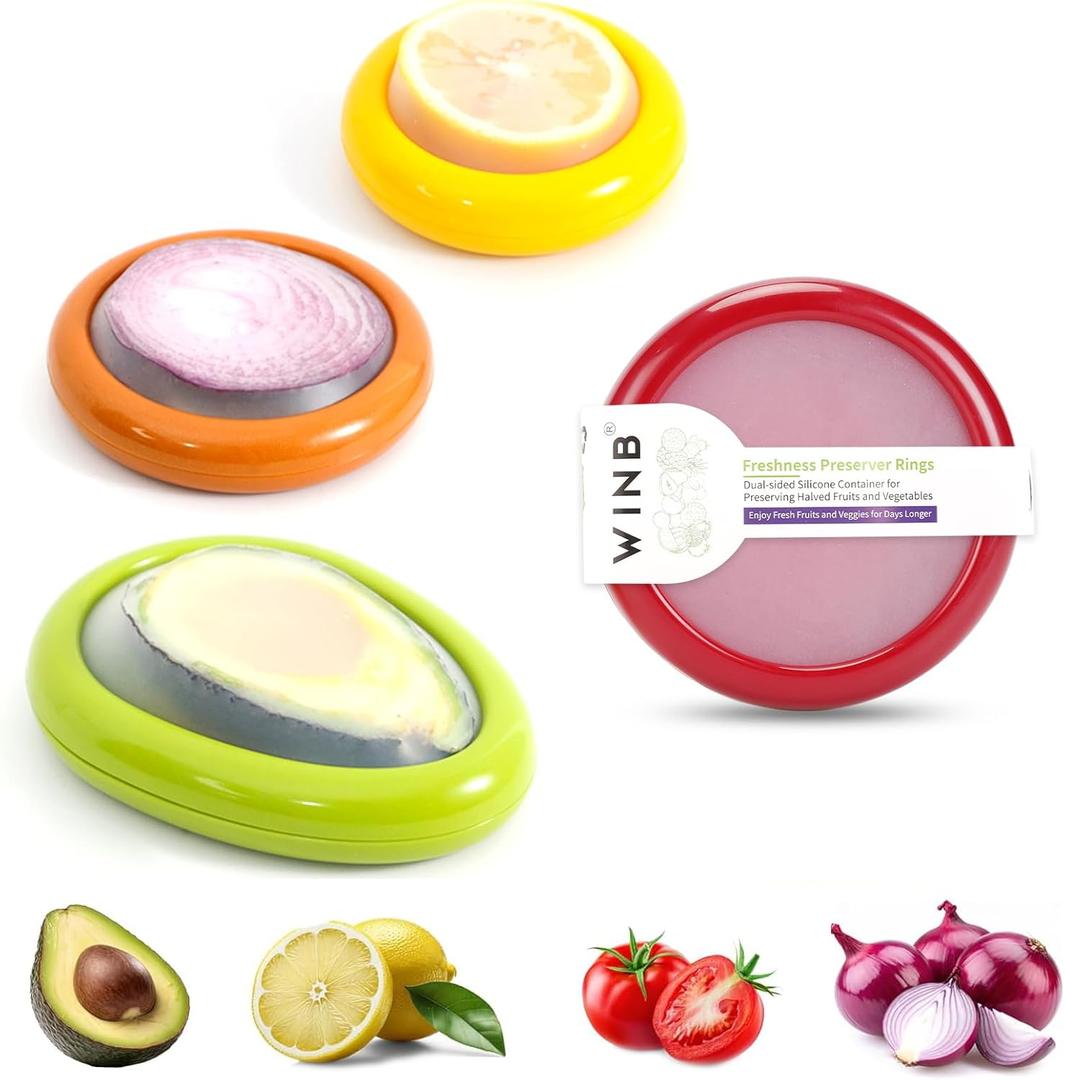 Winb Set of 4 Reusable Fruit and Veggie Savers - Ideal for Avocados, Tomatoes, Apples, Garlic, Onions, and More (Red & Yellow & Orange & Green)