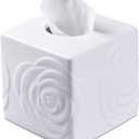 White Ceramic Rose Tissue Box Cover, Carved Flowers Large Square Tissue Box Holder Decorative for Bathroom, Vanity, Kitchen Countertop, Bedroom Night Stands, Office Desk Top (5.8*5.8*5.5)