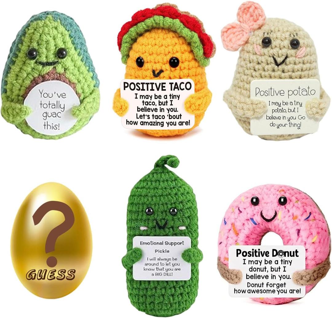 6PCS Mini Emotional Support Nuggets Positive Crochet Animals Set Potato Taco Pickle Coffee Donut Food Funny Birthday Gifts for Women Men Coworker Him Her Friend, Office Desk Decor, Get Well Gift