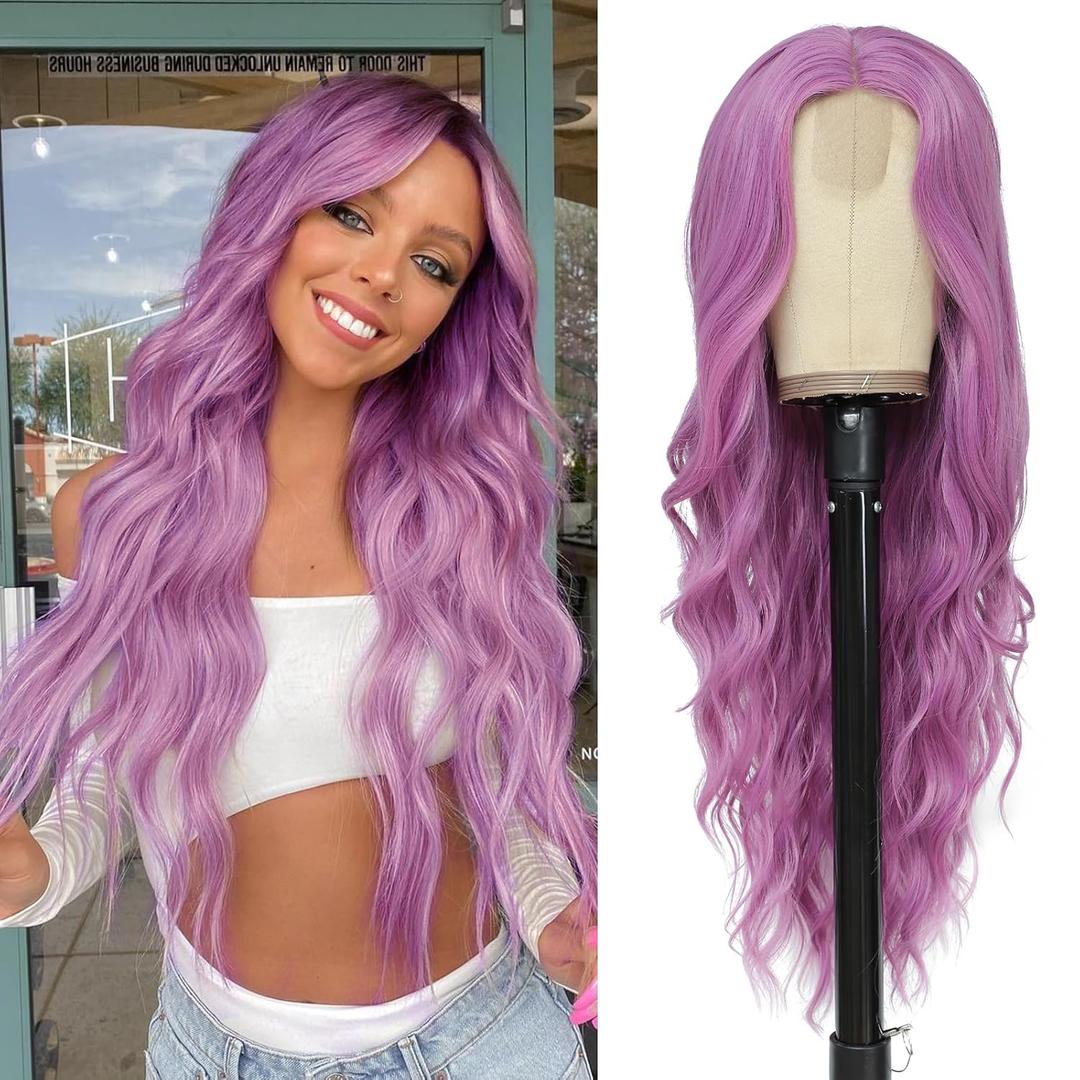 NAYOO Long Purple Wavy Wig for Women 26 Inch Middle Part Curly Wavy Wig Natural Looking Synthetic Heat Resistant Fiber for Daily Party (Purple)