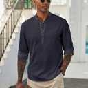 COOFANDY Men's Casual Henley Shirts Long Sleeve Band Collar Lightweight Beach Shirts Summer T-Shirts (M)