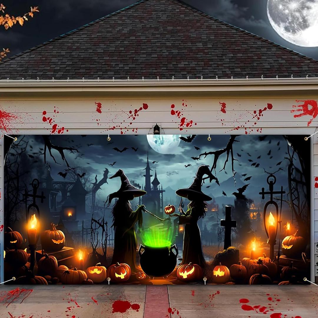 Lighted Witch Halloween Garage Door Decorations Banner - 7 x 16 ft Halloween Garage Door Cover with LED Light Strap, Large Hanging Backdrop for Home Outdoor Spooky Party Yard Decor