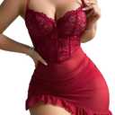 Foxiny Sexy Corset Bodycon Ruffle Sheer Underwire Mesh Lace Floral Outfits Babydoll Lingerie Set Dress with Thong 2 Piece (Large, Burgundy Red)