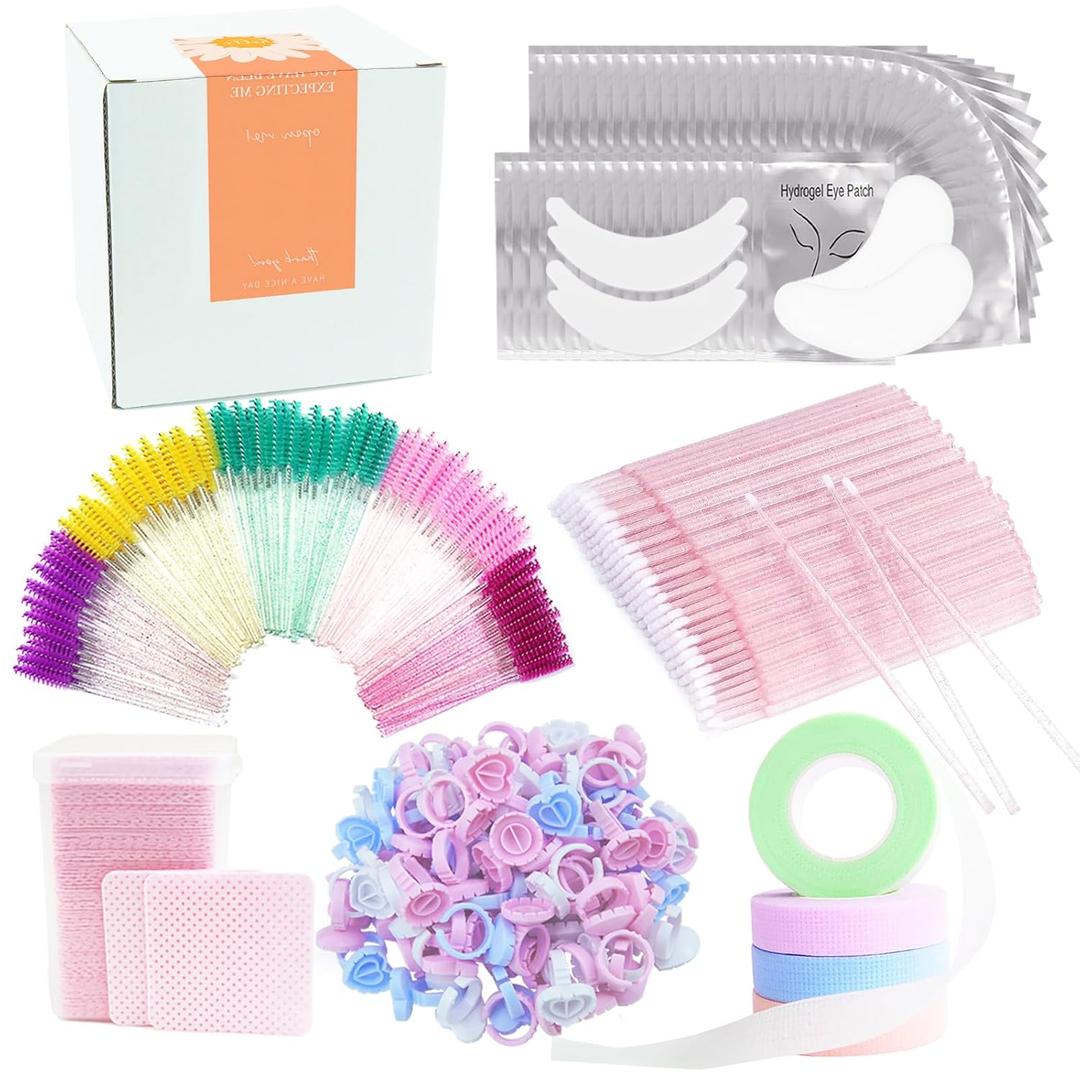 554 PCS Eye Lash Extension Supplies Kit for Lash Tech, 25 Pairs Foam Lash Pads, 25 Pairs Eye Gel Pads, 100 Lash Glue Rings, 100 Eyelash Brushes,100 Micro Applicators, 200 Glue Wipes, 4 Lash Tapes (Multi-colored)