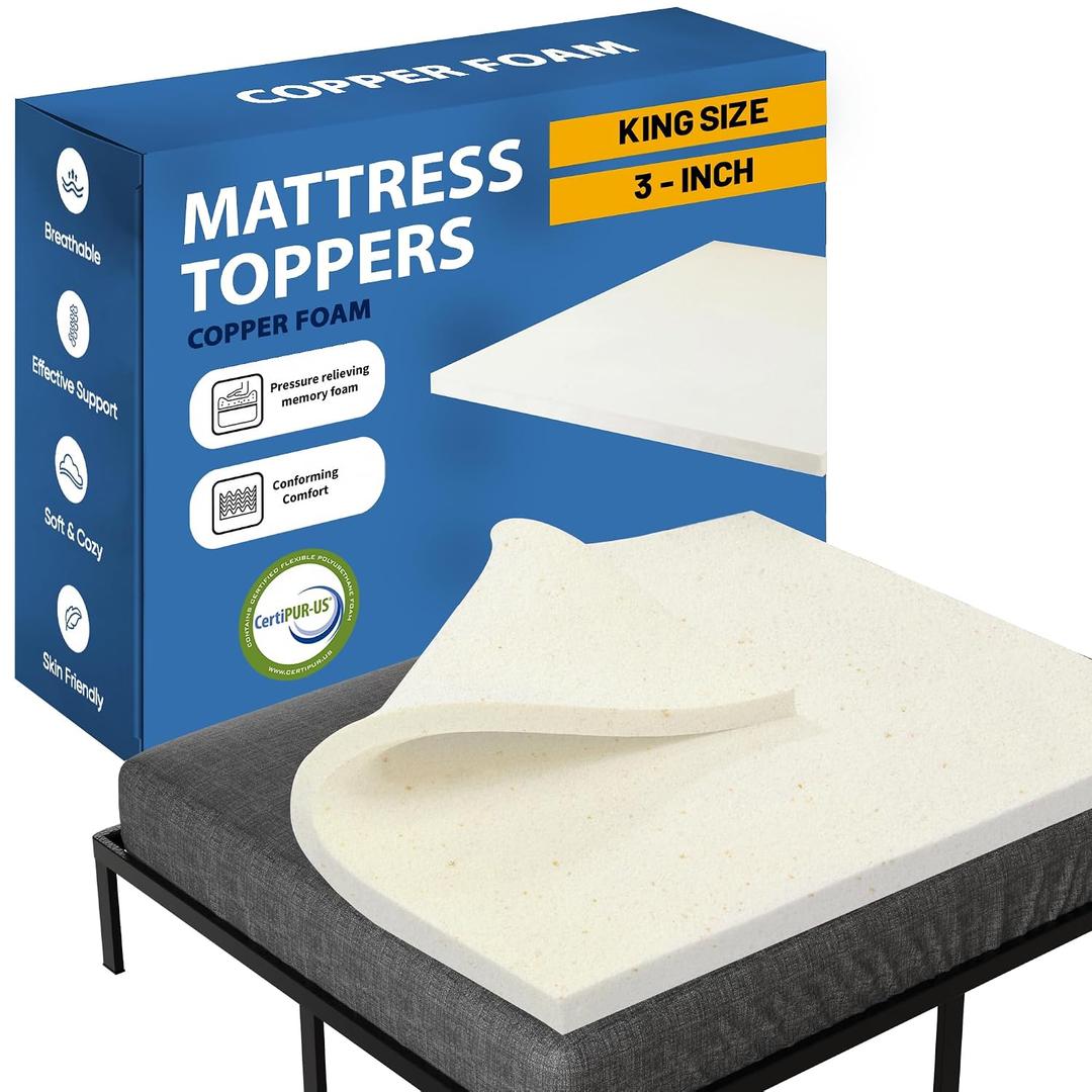 Greaton, 3-Inch Copper-Infused Memory Foam Mattress Toppers, Cooling and Pressure Relieving with Airflow Design, King, Beige