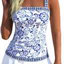 ROSEWE Womens Tummy Control Tankini Bathing Suits, Two Piece Ruched Swimsuits, Floral Print Swimdress with Skirt, Blue Floral Medium