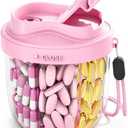 Cute Pill Organizer,Pill Dispenser with 7 Large Compartments,Portable Pill Bottle Box with Wide Opening for Easy Use, Anti-Mix Pills Organizer for Travel,Includes 20 Pcs Sticky Labels（Pink）