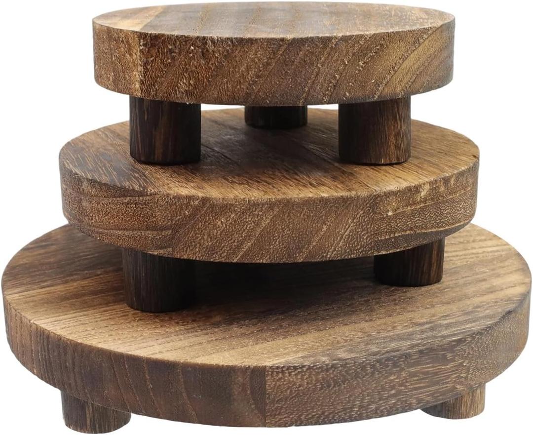 Geesatis 3Pcs Wooden Display Risers, 5/6/8" Round Wood Riser Small Planter Tray Modern Potter Decorative for Desktop Counter Room(Rustic Brown)