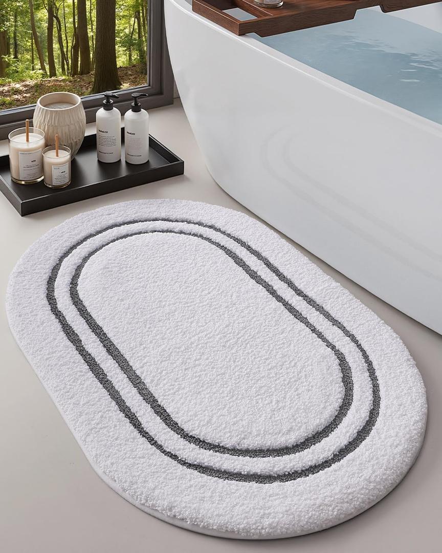 DEXI Oval Bath Mats for Bathroom, 17x30 Absorbent Bath Mat, Washable Microfiber Bathroom Rug with Non Slip Backing for Shower Floor, Dark Grey