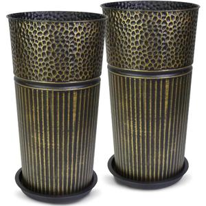 2 Pcs Pack 25 Inches Metal Tall Tapered Planter Pots Large Galvanized Steel Round Planter Flower Pot with Drainage Holes for Indoor Outdoor Deck Porch Garden Home Patio Front Door (antique bronze, M), Medium