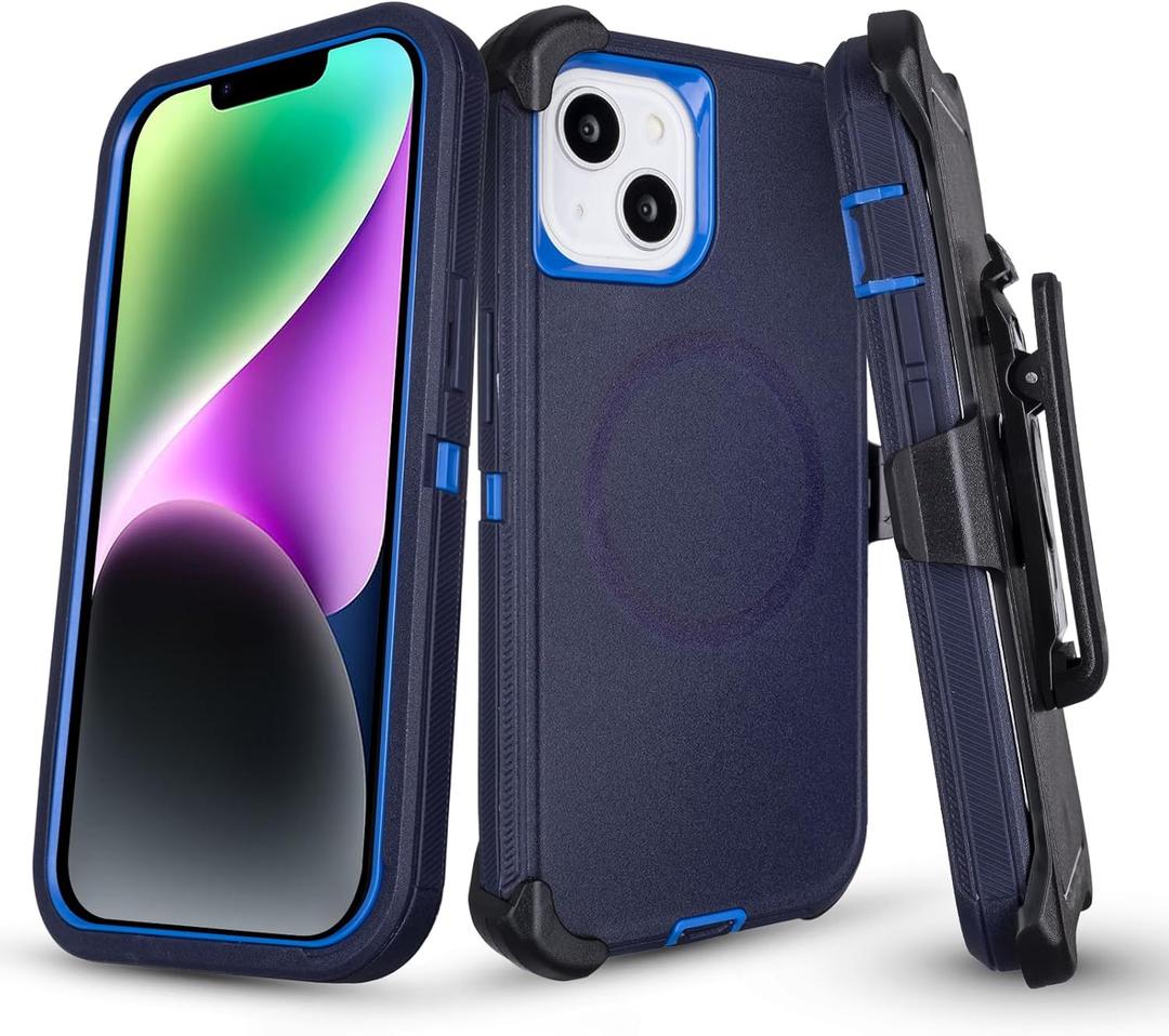 Defender for iPhone 14 Case with Belt Clip Holster, [Compatible with MagSafe] Heavy Duty Rugged Shockproof Anti-Drop Full Body Protective Case for iPhone 14 6.1 Inch (Navy+Blue)
