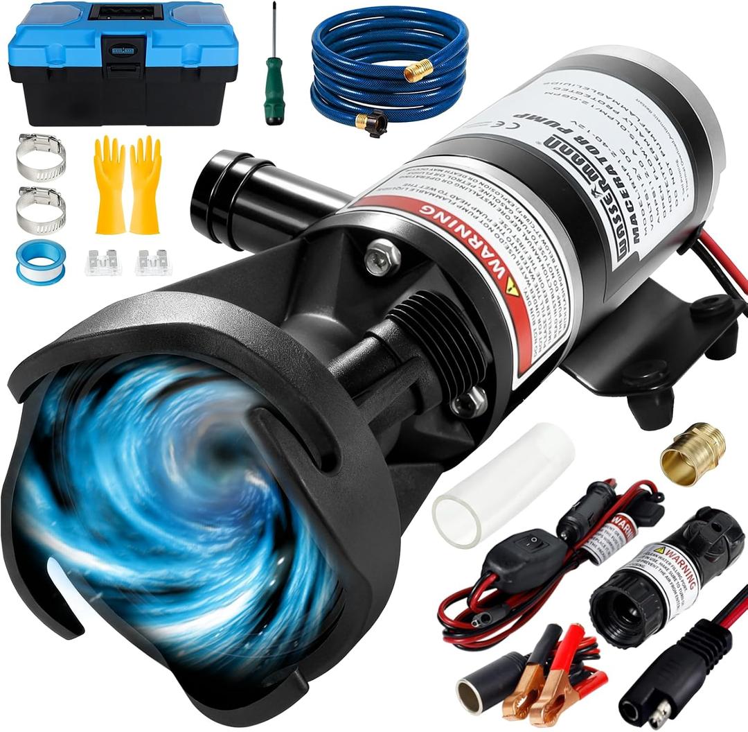 WASSERMANN RV Macerator Pump 12V Waste Water Pumps Sewage Pump 12GPM Suction 3.2 feet Lift 10 ft Complete RV Macerator Pump Kit for Right Out of Box with Fresh Water Rinse and Manual Crushing Function