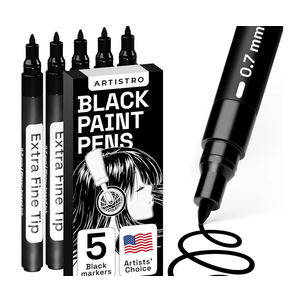 ARTISTRO Black Paint Pens for Rock Painting, Stone, Ceramic, Glass, Wood, Tire, Fabric, Metal, Canvas. Set of 5 Water Based Black Markers for Acrylic Painting Extra Fine Point Tip