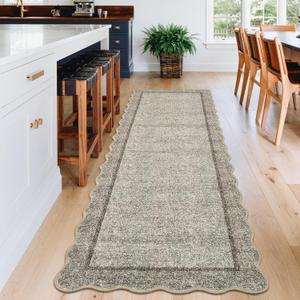 GarveeHome Scalloped Washable Runner Rug 2x8 Runner Modern Non Slip Kitchen Runner Distressed Low Pile Entryway Rug Soft Bathroom Rugs Stain Resistant Carpet for Bedroom Hallway Laundry 2'x8' Brown