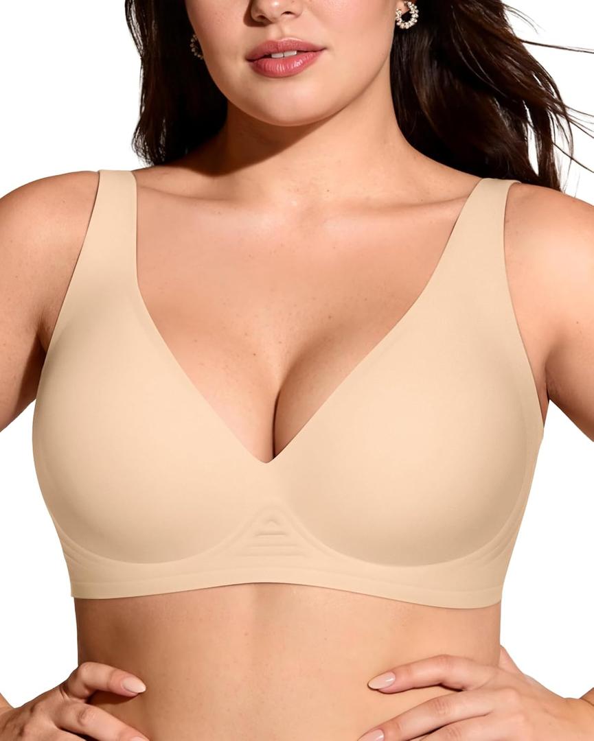 OEAK Womens Deep V Bras Wireless Comfortable Bra Supportive No Underwire Bras Tshirt Push Up Bralettes Plunge Seamless Bra (Medium, Beige)