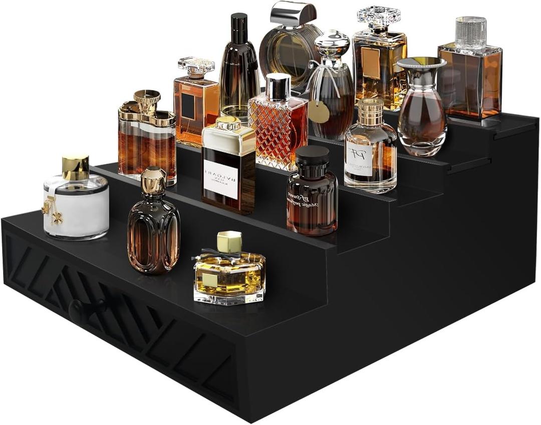 Cologne Organizer for Men,5 Tier Wood Cologne Stand with Drawer and Hidden Compartment,Used to Storage or Display Watch,Jewelry,Perfume Organizer for Men