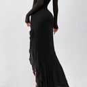 BTFBM Women's Maxi Dresses Spring 2026 Long Sleeve Ruched Bodycon Solid Ruffle Mermaid Cocktail Wedding Guest Dress (Black, L)