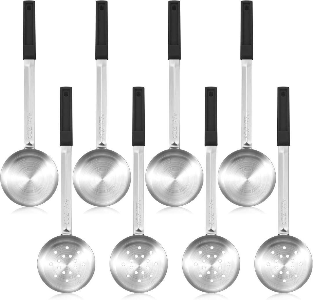 8 Pcs Portion Control Serving Spoons Portion Scoops Cups Solid and Slotted Stainless Steel Ladle Spoon for Food, Serving Utensils Set for Parties(Black,6 oz)