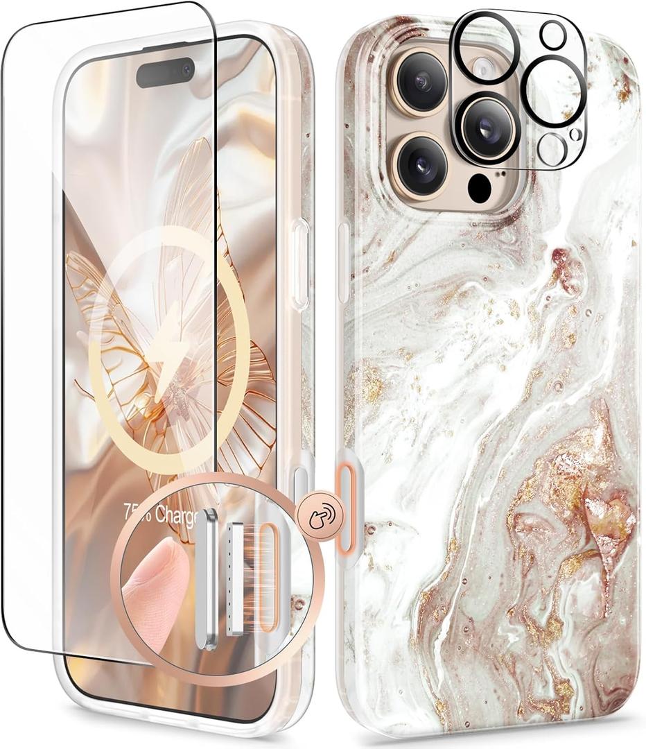 GVIEWIN for iPhone 16 Pro Max Case Compatible with MagSafe, with Screen & Lens Protectors, Military-Grade Protection Slim Marble Shockproof Magnetic Phone Case for 16 Pro Max 6.9", Pearlescent/Gold