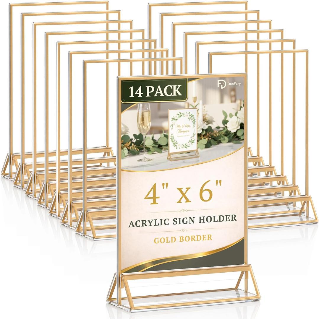 Daofary Acrylic Sign Holder 4x6, 14 Pack Double Sided Clear Gold Frame Tabletop Display, Menu Flyer Table Number Holder for Wedding Reception and Restaurant Tables