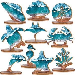 Threehoney 10 Pcs Ocean Wood Table Sign Under the Sea Wooden Tabletop Decor Sea Animal Coastal Beach Table Centerpiece Nautical Block Summer Decoration for Home Party Supplies (Rustic Style)
