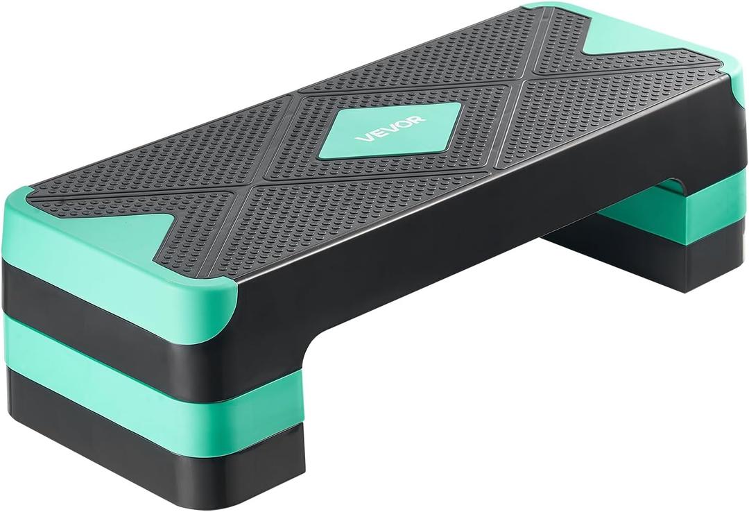 VEVOR Aerobic Exercise Step Platform, 28-Inch Workout Aerobic Stepper, Height Adjustable Fitness Training Step Deck Trainer with 4 Risers, Non-Slip Surface Bench for Home Gym Cardio Strength (Green)