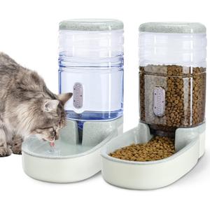 Automatic Dog Cat Feeder and Water Dispenser Gravity Food Feeder and Waterer Set with Pet Food Bowl for Small Medium Dog Puppy Kitten, Large Capacity 1 Gallon x 2, Grey 