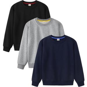 3 Pack Boys Sweatshirts Fleece Cotton Boys Long Sleeve Shirts Crewneck Kids Sweatshirts Soft Pullover Tops for Kids (Large, Black, Navy Blue, Grey)