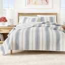 Great Bay Home Striped Quilt Set - 3-Piece Full/Queen Size Farmhouse Bedding Set - Lightweight, All-Season, Reversible Bedspread (White/Navy)