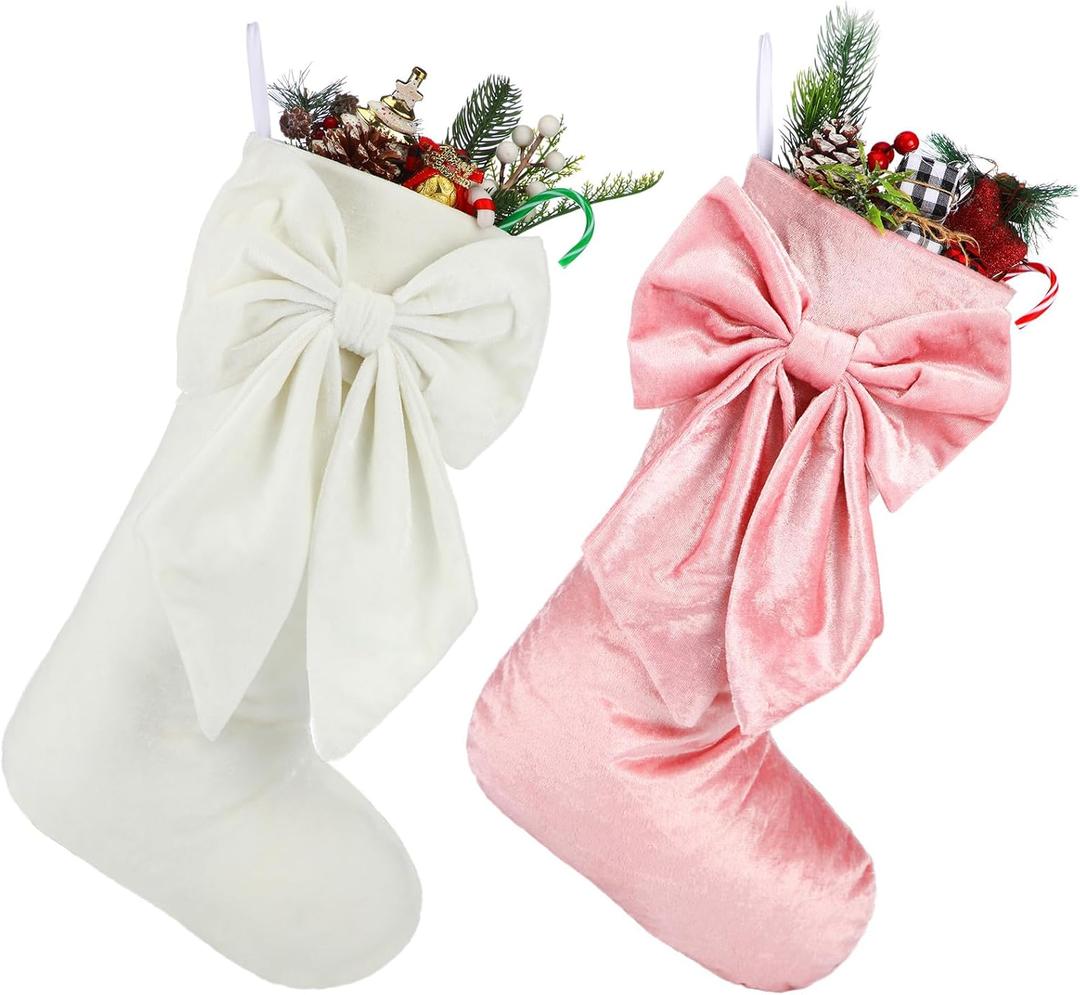 Seematn 2 Pack Bow Christmas Stockings, 18 Inches Pink White Velvet Christmas Stocking Coquette Luxury Xmas Hanging Socks Decoration for Tree Fireplace Mantel Party Elegant Holiday Decor