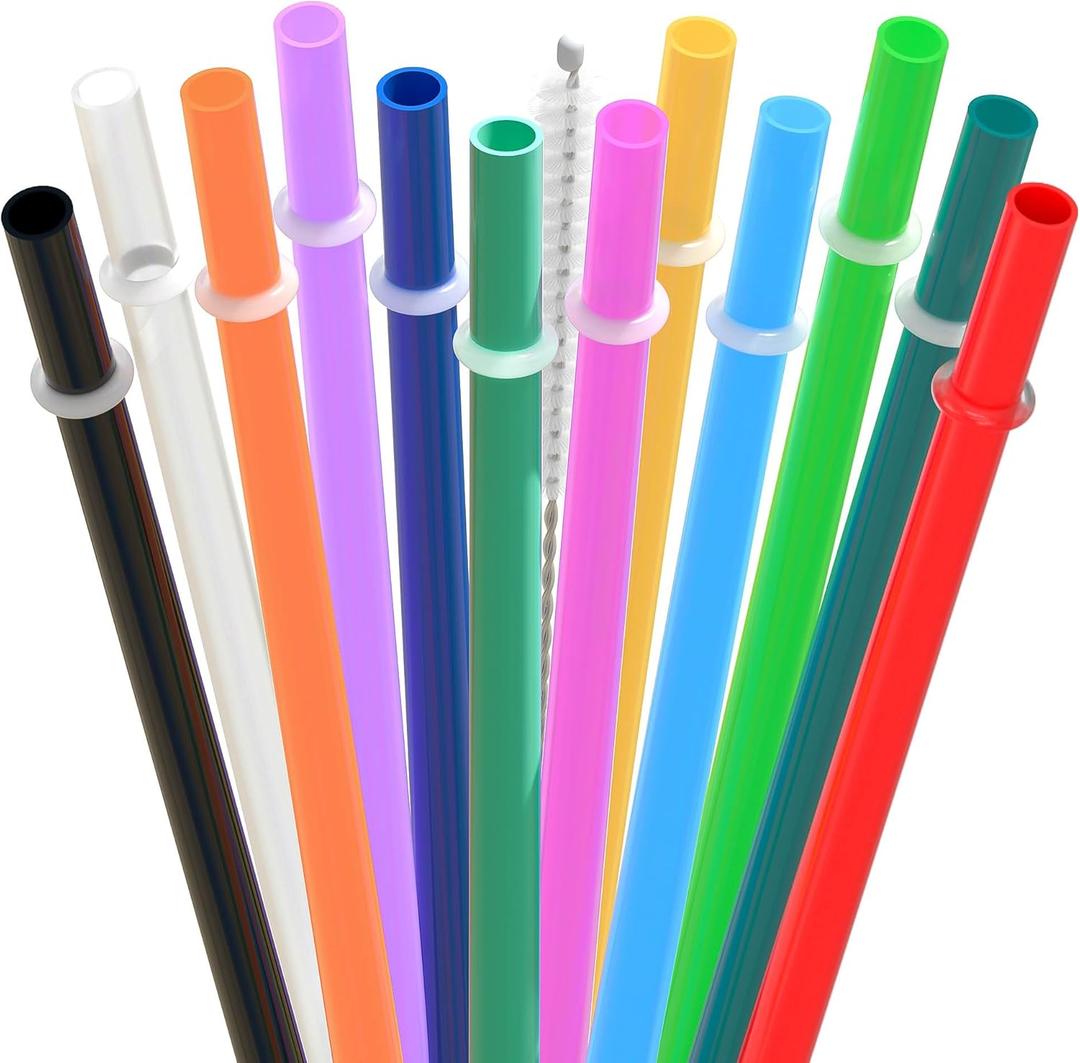 Dakoufish 8 Inch Reusable Plastic Short Straws for 16oz 20oz Tumblers and Cups,Replacement Hard Straws Set of 12 Pcs With 1 Cleaning Brush,Dishwash safe (8inch,12color)