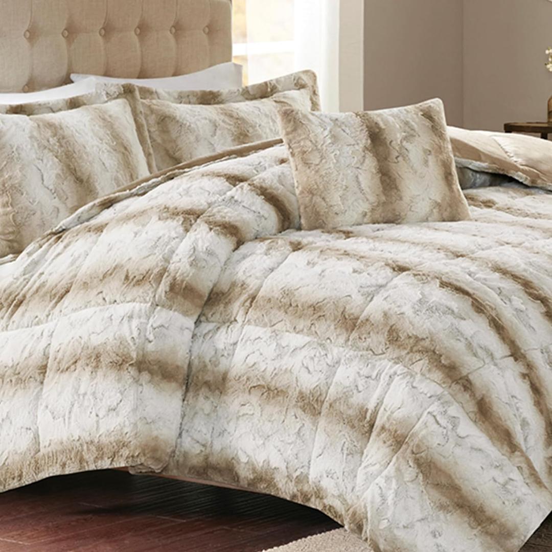 Madison Park Zuri Soft Plush Comforter Set, Faux Fur Animal Stripes Design, Faux Mink On The Reverse, Modern All Season Bedding Set with Matching Sham, Full/Queen, Sand 4 Piece