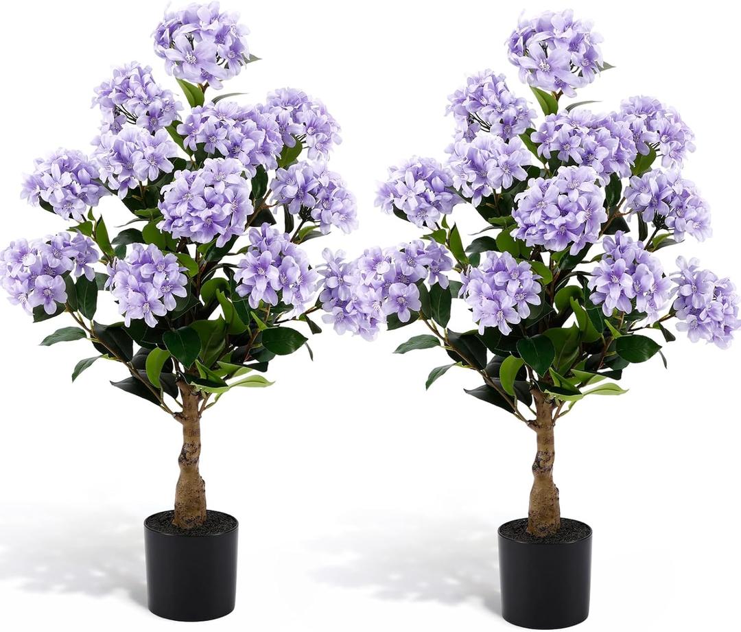 Lunmon 2 Pack 3ft Artificial Hydrangea Tree Faux Hydrangea Plant Indoor Outdoor Fake Flower Tree with Cement Base Pot Real to Touch Plant Decoration for Home Garden Housewarming Wedding(Purple,3ft)